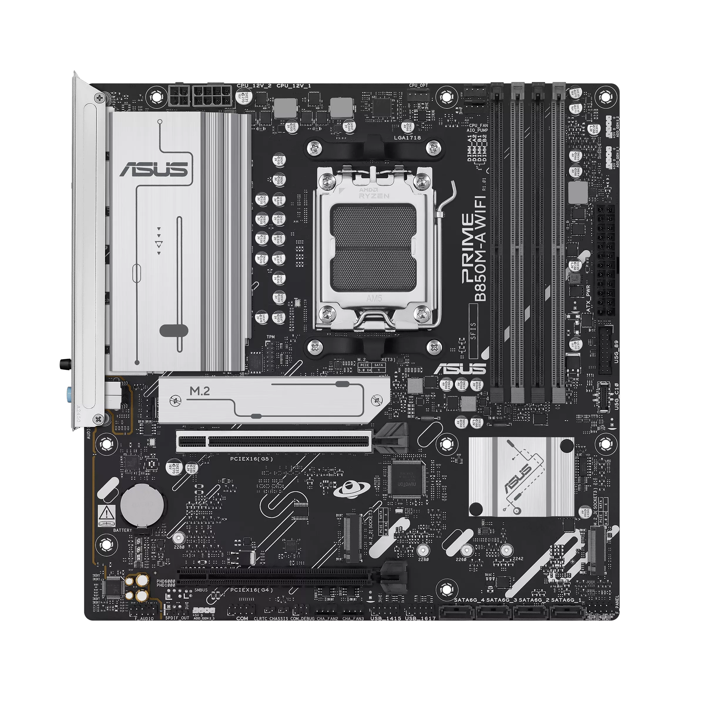 Asus PRIME B850M-A WIFI - Processor family AMD - Processor socket AM5 - DDR5 - Supported hard disk drive interfaces SATA, M.2 - Number of SATA connectors 4