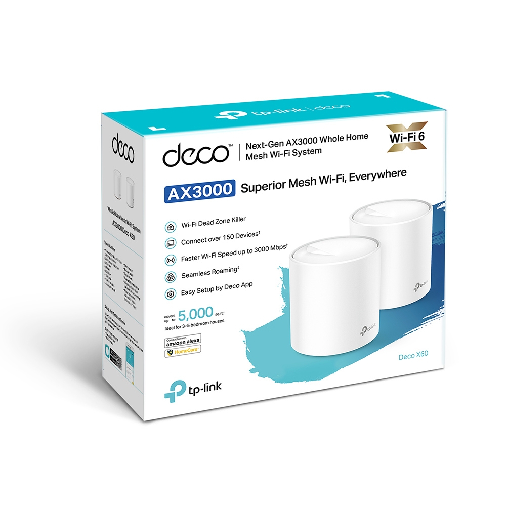 TP-LINK - AX3000 Whole Home Mesh Wi-Fi 6 System - Deco X60 (2-pack) - 802.11ax - 2402+574 Mbit/s - 10/100/1000 Mbit/s - Mesh Support Yes - MU-MiMO Yes - Antenna type 4xInternal per Deco uni