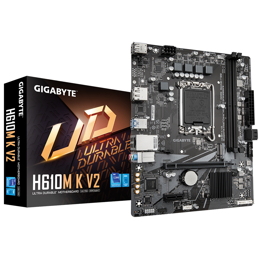 Gigabyte H610M K V2 - Processor family Intel - Processor socket LGA1700 - DDR5 - Supported hard disk drive interfaces M.2, SATA - Number of SATA connectors 2