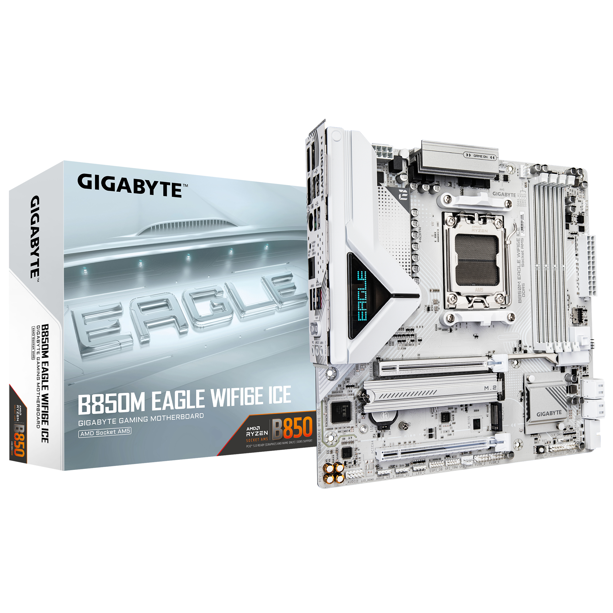 Gigabyte B850M EAGLE WF6E ICE - Processor family AMD - Processor socket AM5 - DDR5 - Supported hard disk drive interfaces SATA, M.2 - Number of SATA connectors 4